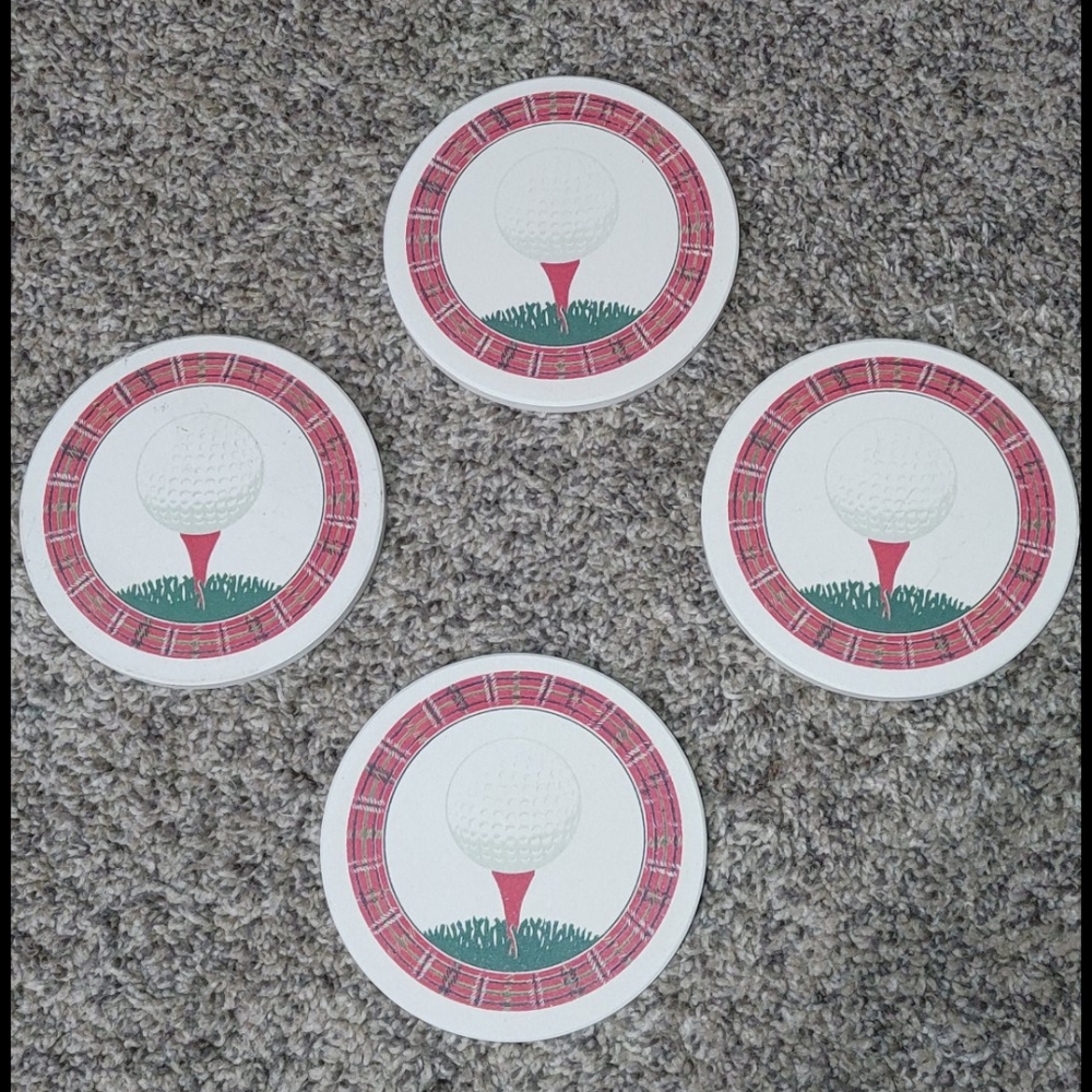 Set of 4 golf coasters, golf ball on tee